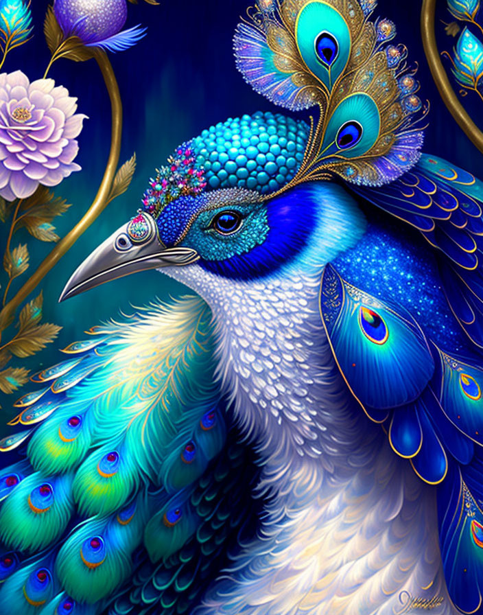 Colorful Peacock Illustration with Intricate Patterns on Dark Floral Background