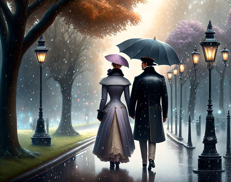 Couple strolling under umbrella in snow-covered park at night