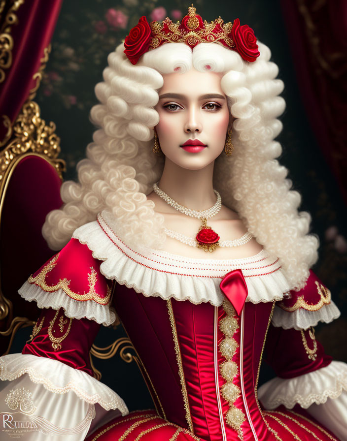 Regal woman in red and white period dress with gold details