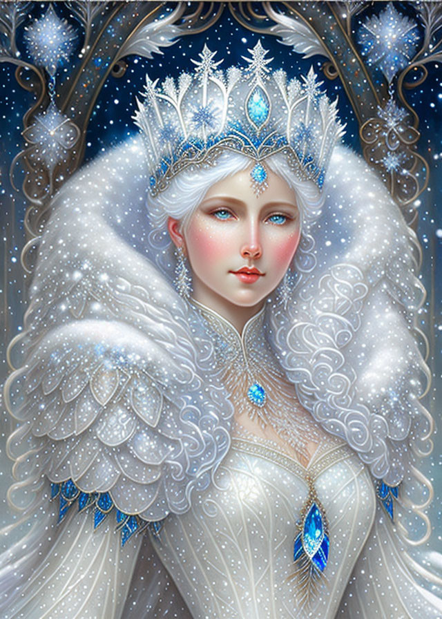 Regal figure with silver crown under ornate arch, icy aura and feathery details