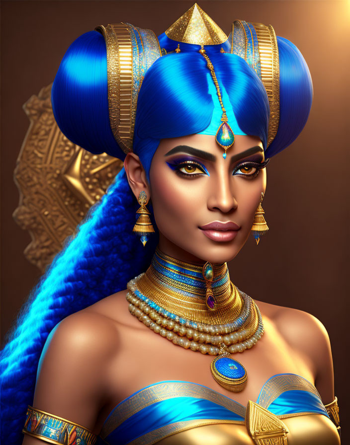 Digital artwork: Woman with Cleopatra-inspired look, vibrant blue headwear, gold jewelry, striking