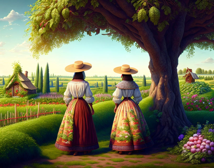 Traditional-dressed women under tree in rural landscape