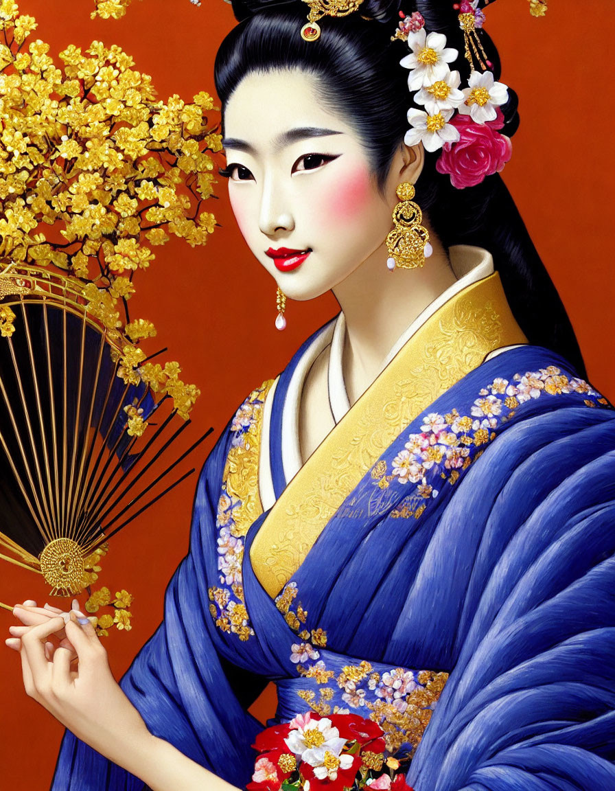 Traditional Asian Woman in Blue Kimono Holding Fan on Red Background