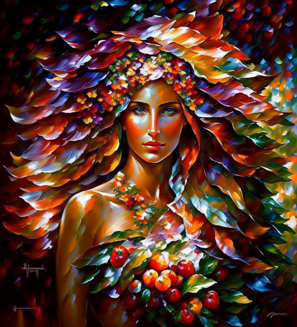 Colorful painting of a woman with floral crown in dreamlike style