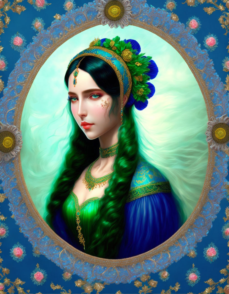 Illustration of a woman with green hair, blue dress, gold jewelry, and peacock feathers in