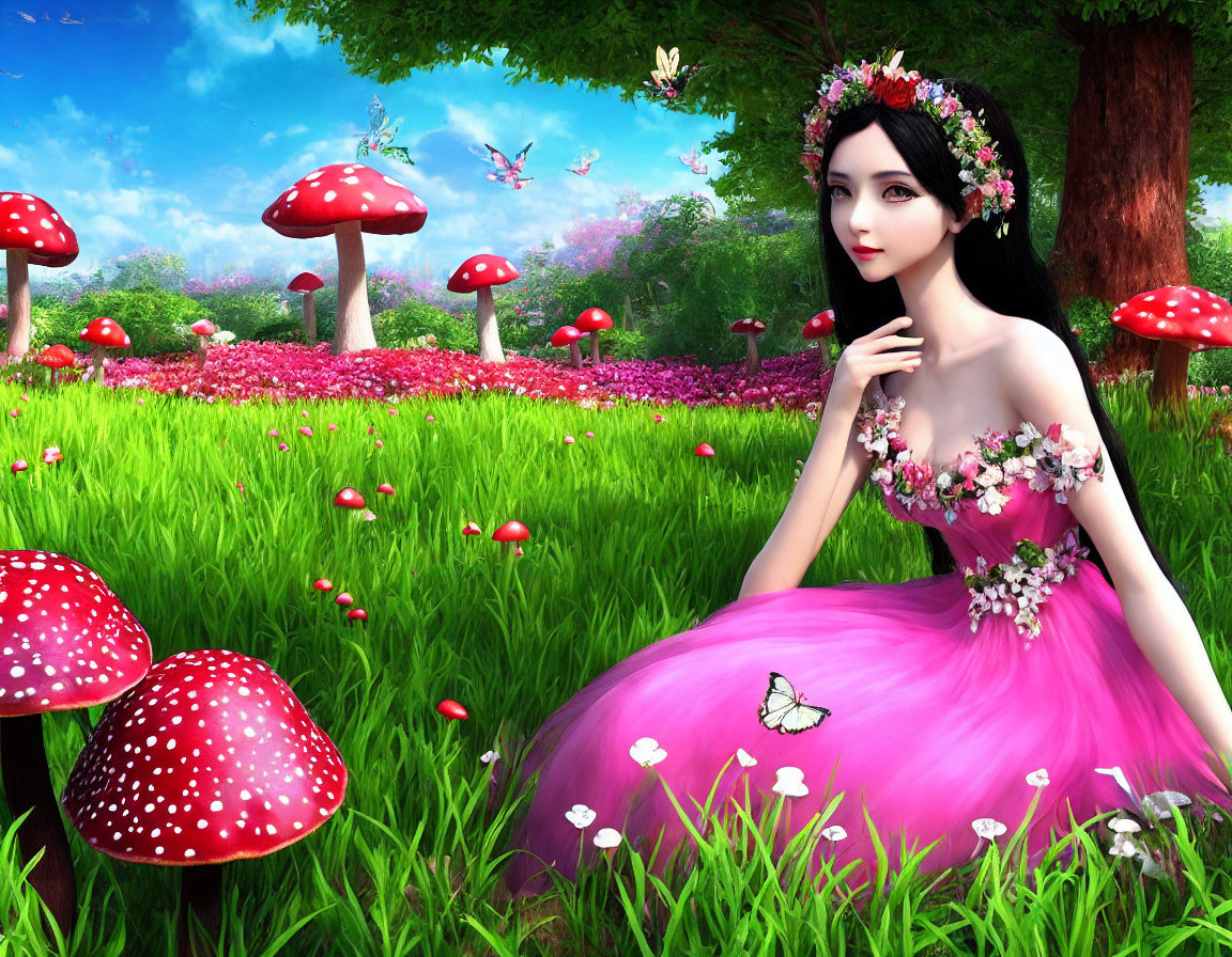 Digital art of woman in pink dress surrounded by flowers, red mushrooms, and butterflies