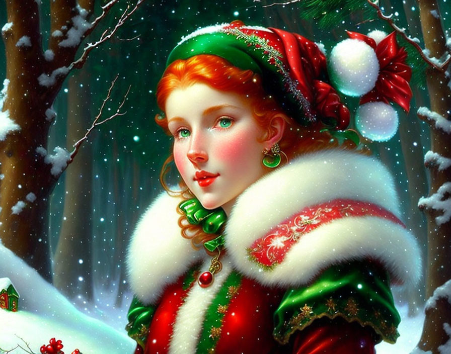 Festive red-haired woman in green and red holiday attire with snowy backdrop