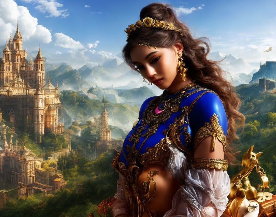 Fantasy artwork of woman in ornate blue and gold attire with regal crown in ethereal castle