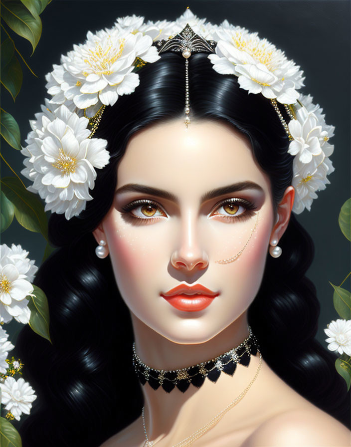 Detailed illustration of woman with dark hair adorned with white flowers and jewelry on dark background