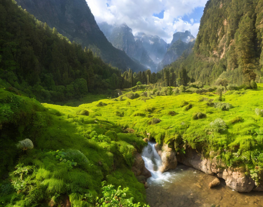 Scenic green valley with stream, misty mountains, and soft-lit sky