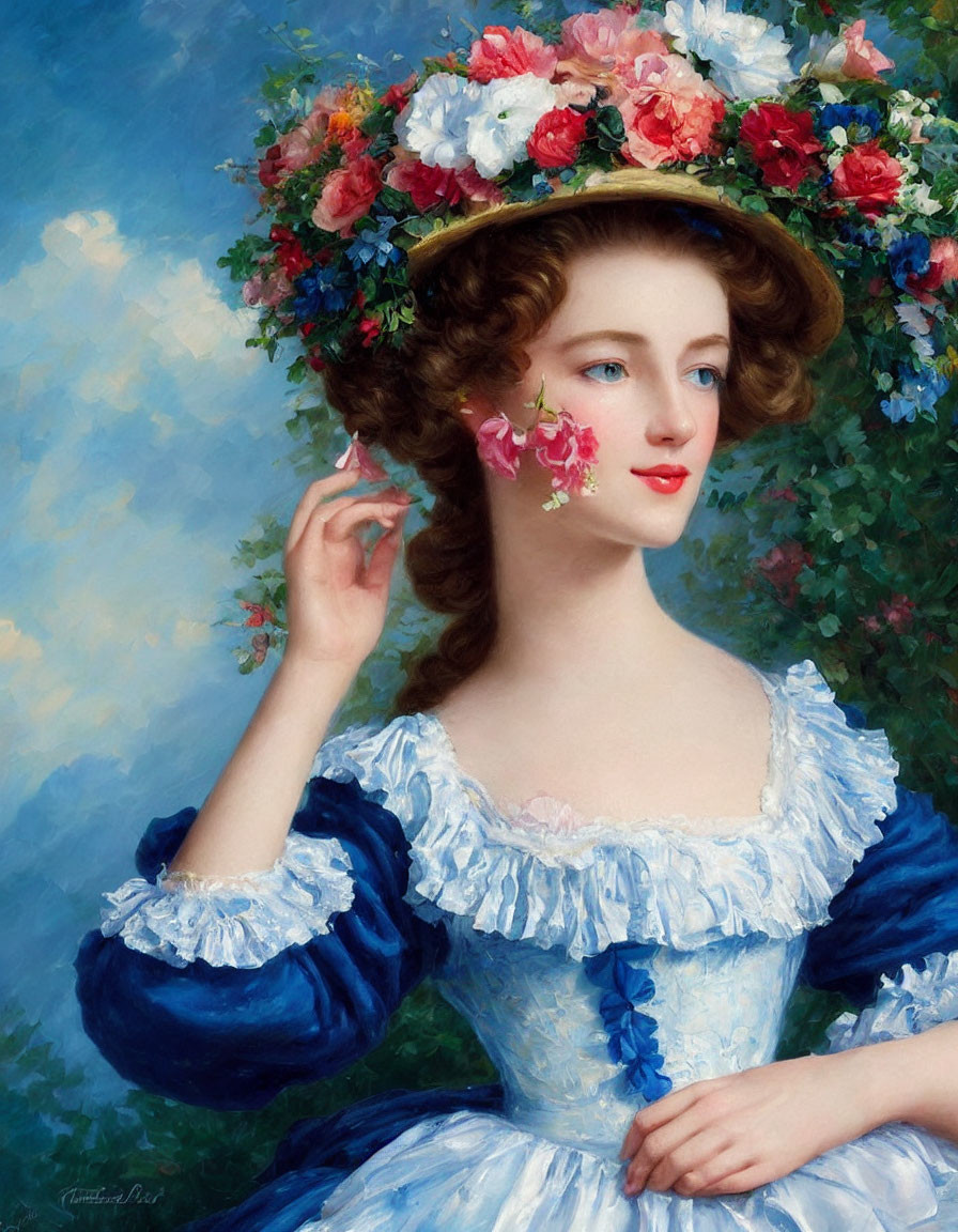 Woman in Blue Dress with Blue Eyes and Floral Hat Touching Flower