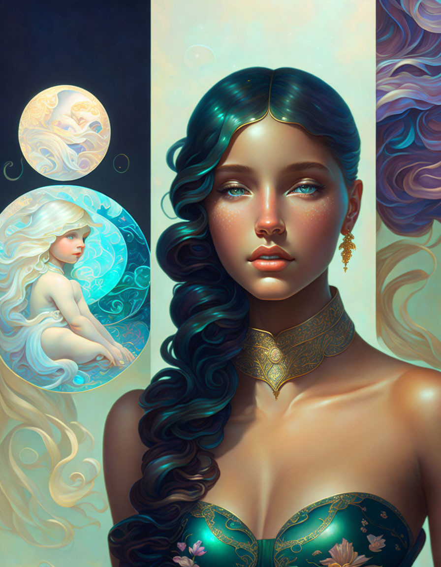 Stylized digital portrait of woman with blue hair and mermaid in circular frame