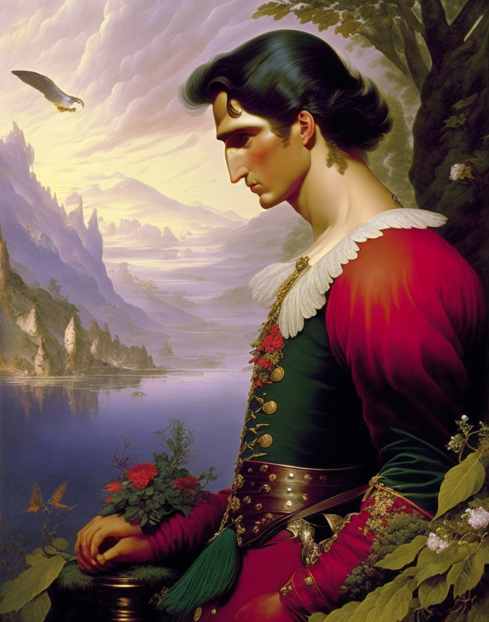 Romantic painting of pensive figure in red and green uniform with landscape backdrop