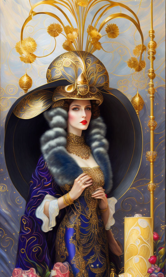 Regal woman illustration with golden headdress and embroidered robe