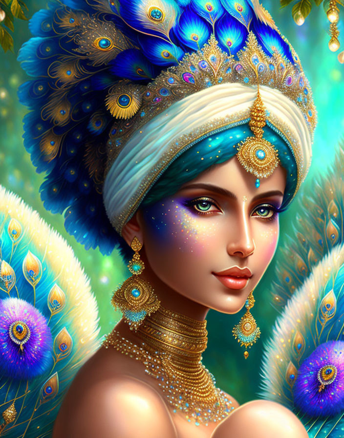 Digital artwork featuring woman with peacock feather headdress and turquoise jewelry