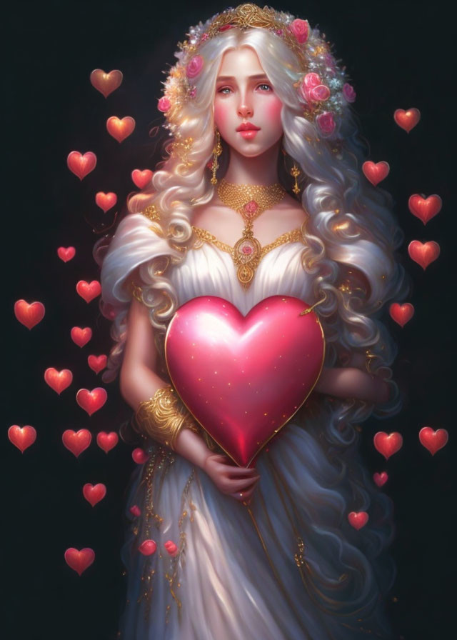 Woman with White Hair Holding Glowing Heart Surrounded by Hearts