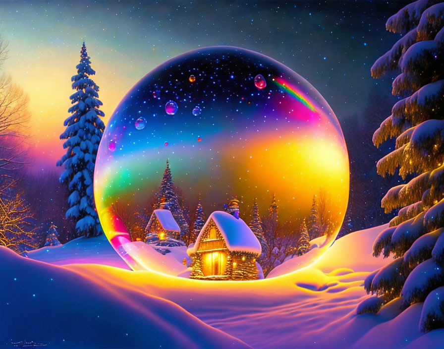 Snow-covered winter landscape with cozy cottages and colorful bubble.