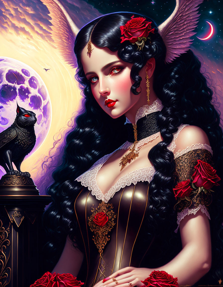 Illustrated woman with dark hair, red roses, jewelry, and raven on moonlit night.