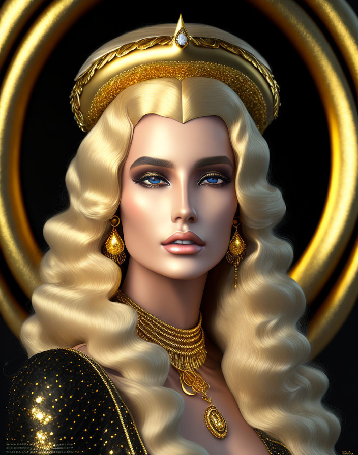 Blonde woman with golden crown and halo on dark background