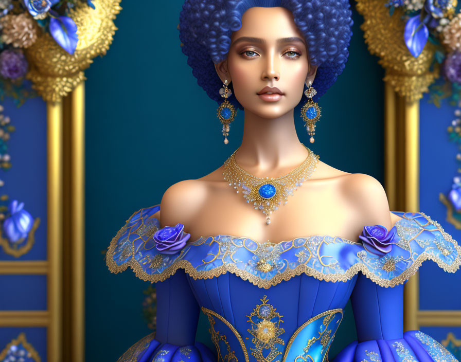 Sophisticated 3D female figure in blue gown with gold details and luxurious jewelry