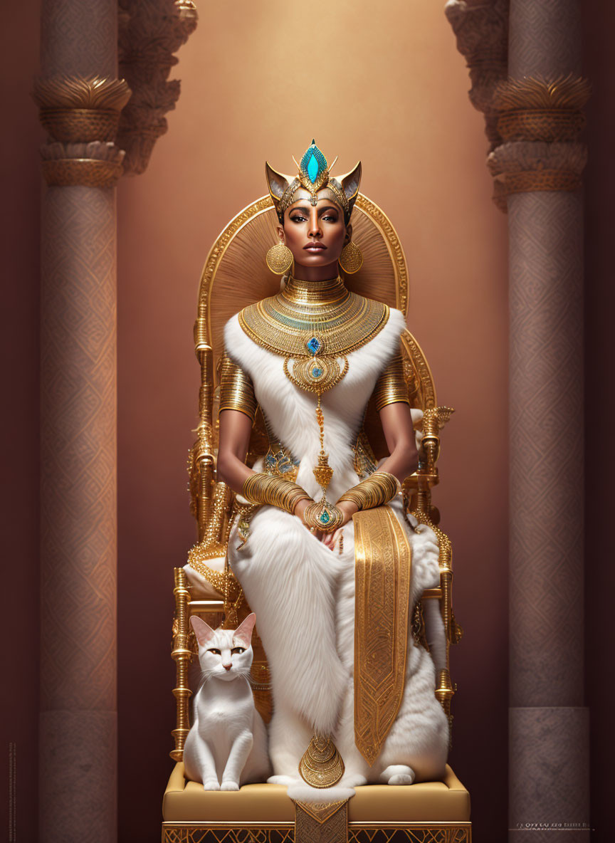 Egyptian-Inspired Woman on Golden Throne with White Cat