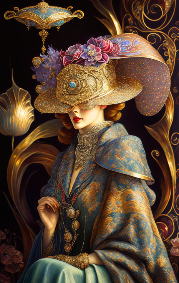 Detailed illustration of woman in ornate golden hat with peacock feather, floral jewelry, on dark floral