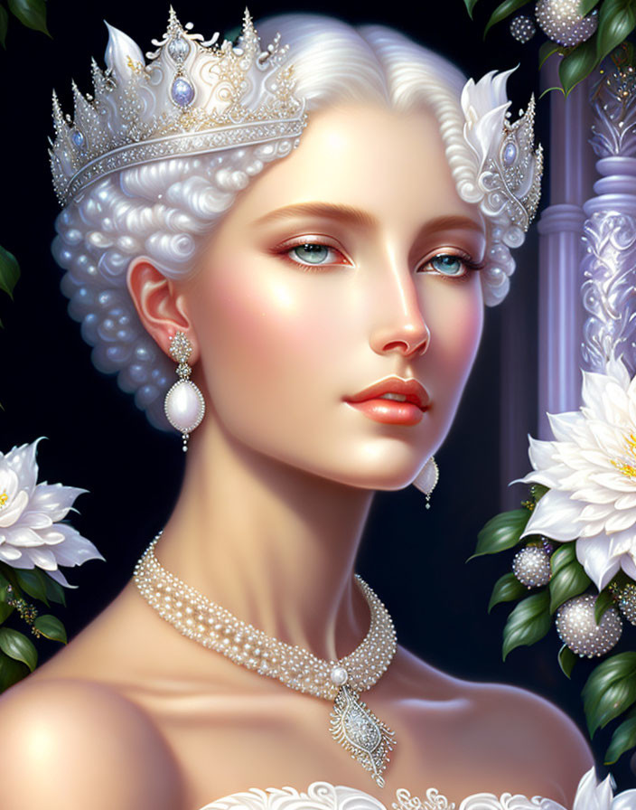 Ethereal woman with pale skin and blue eyes in white crown and pearls