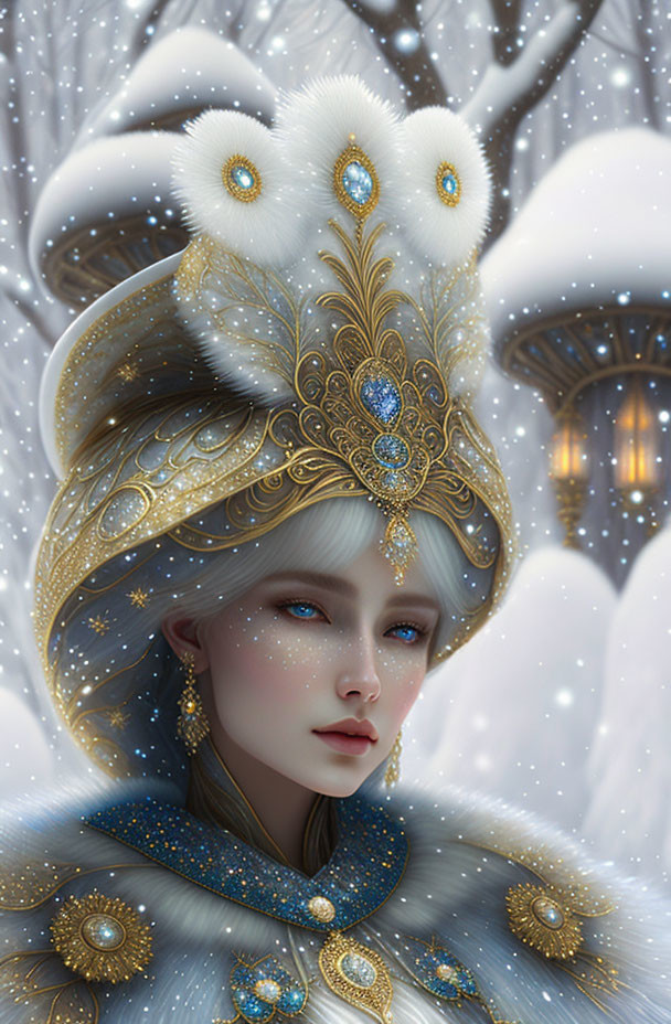 Illustrated woman in snowflake headdress amid falling snow and lanterns