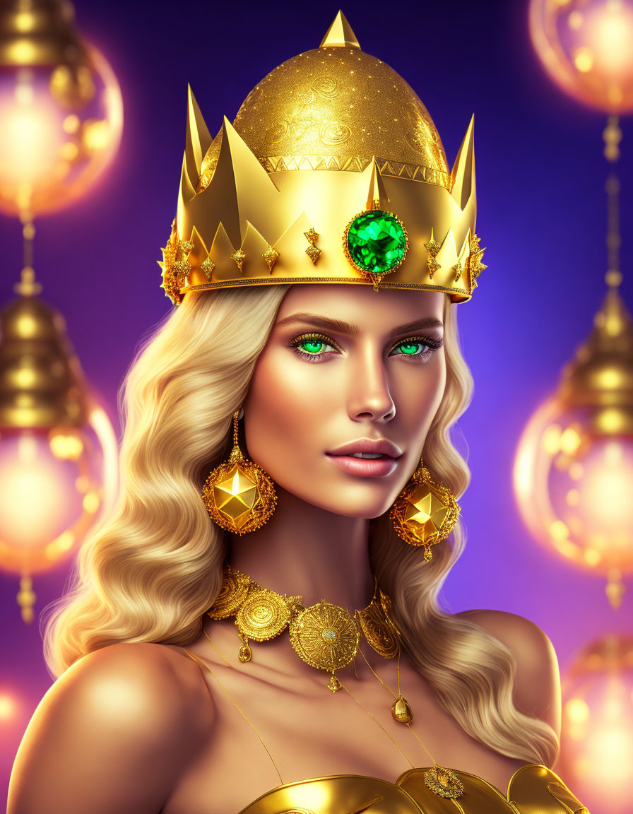 Regal woman with golden crown and jewelry in glowing lantern background