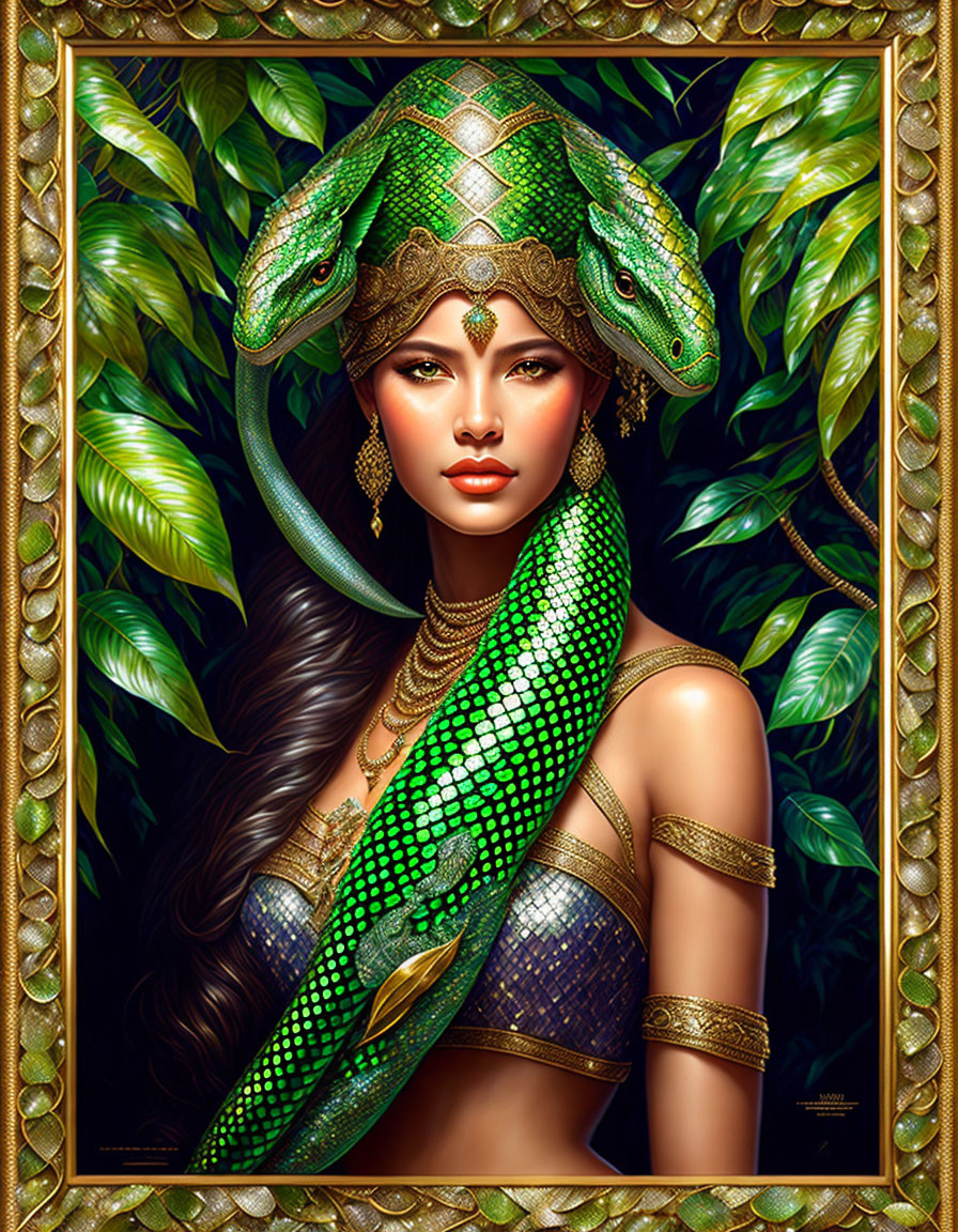 Woman with serene expression in snake-themed attire, adorned with live green snake