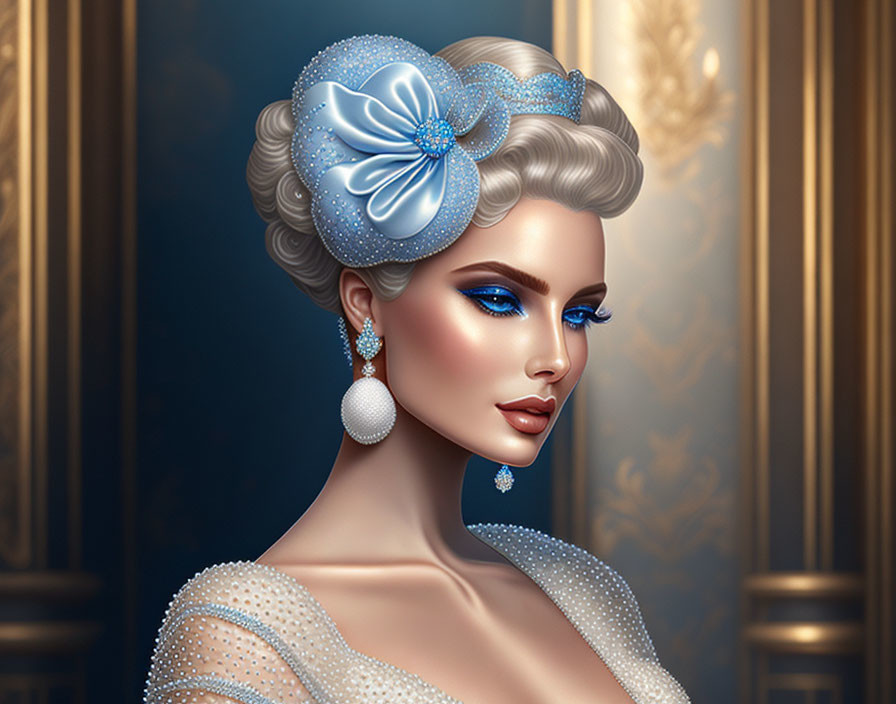 Portrait of woman with elegant hairstyle and blue jeweled flower earrings gown