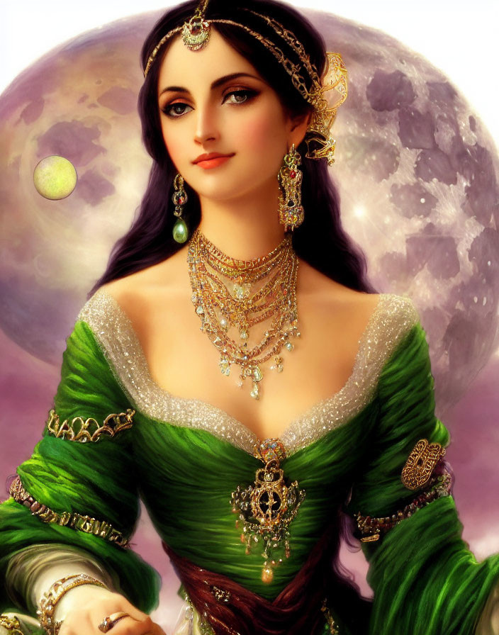 Dark-Haired Woman in Green Dress with Golden Jewelry and Celestial Background