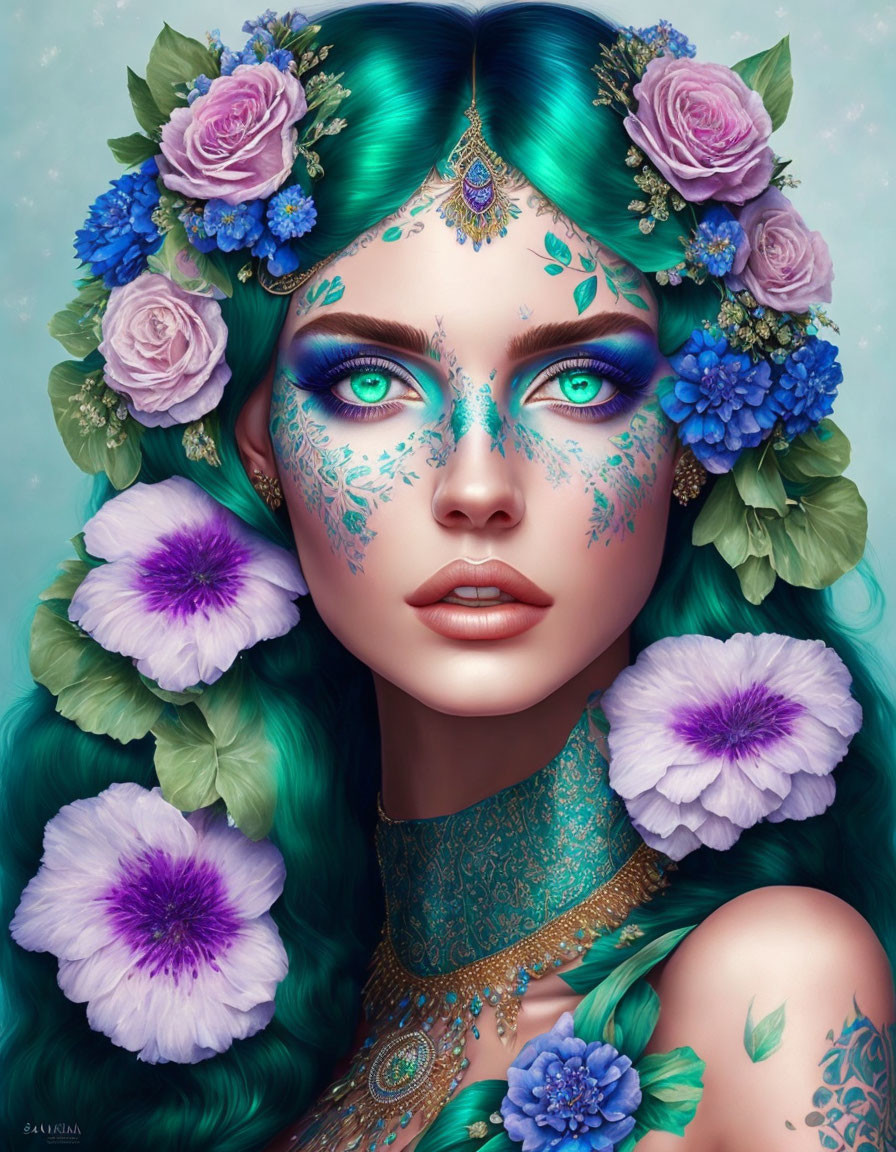 Illustration of woman with emerald green hair, purple flowers, and blue makeup