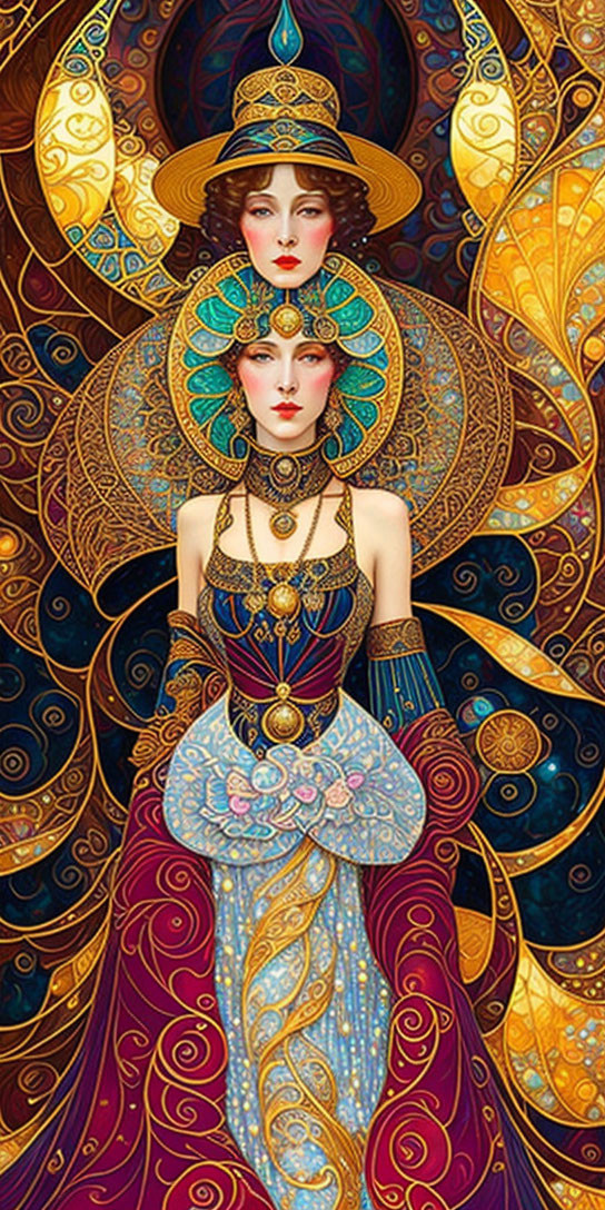 Detailed Art Nouveau-inspired Woman Illustration with Vibrant Colors