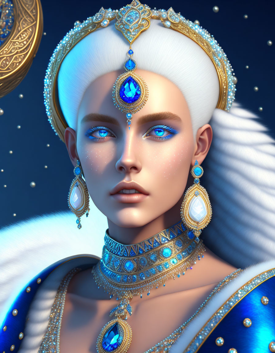 Digital art portrait of woman with blue eyes in blue-and-gold jewelry & attire against starry night