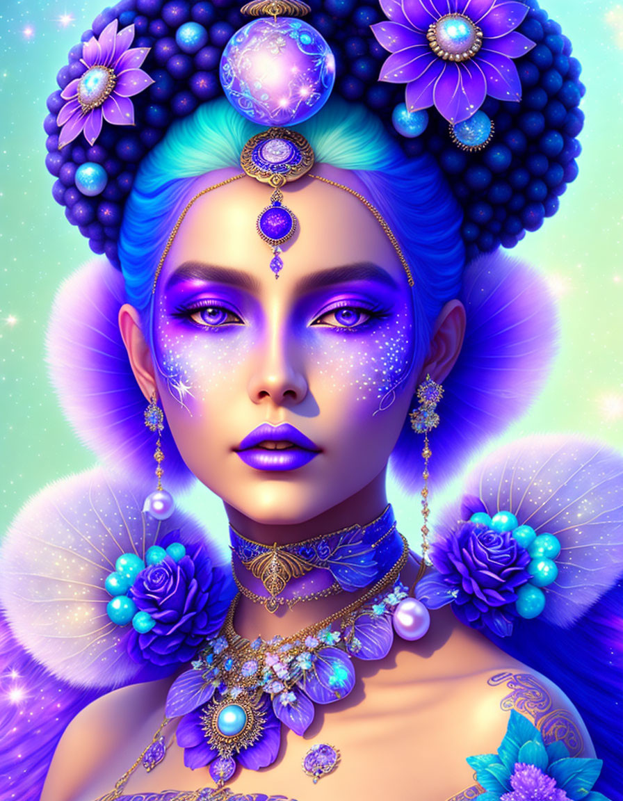 Colorful digital portrait of woman with blue skin and ornate jewelry in a fantasy setting