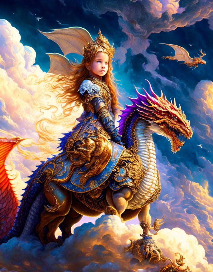 Young Warrior Princess Riding Majestic Dragon in Fantasy Scene