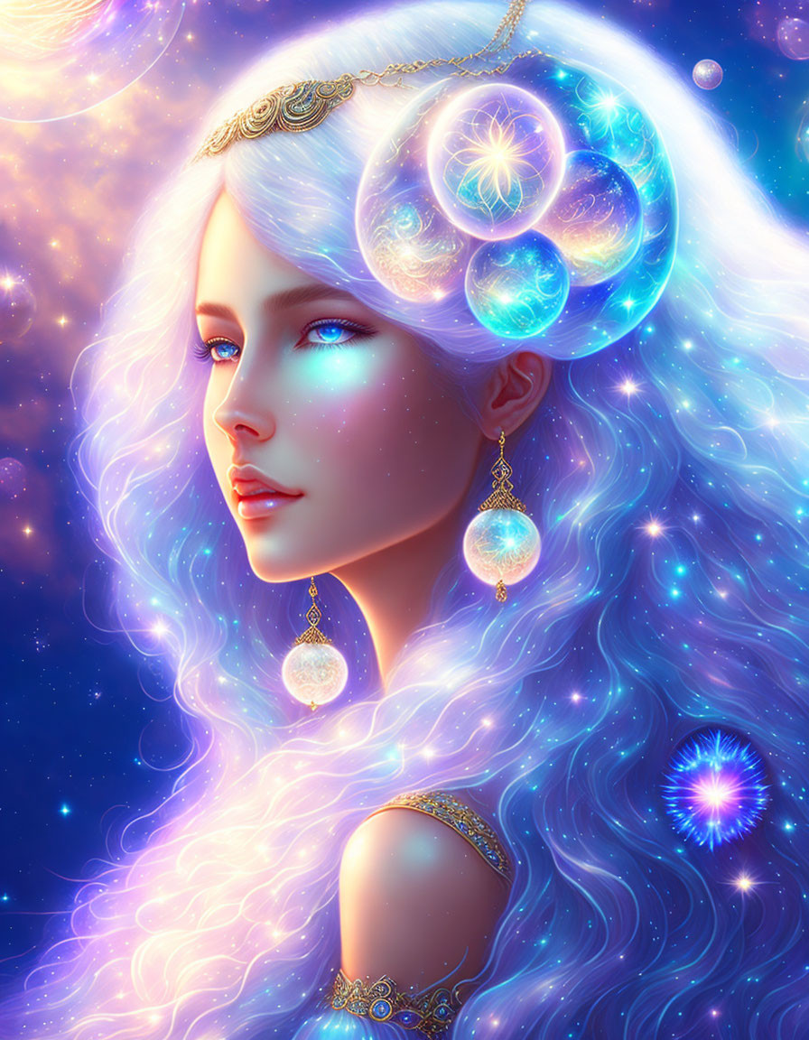 Celestial woman digital art portrait with glowing blue eyes