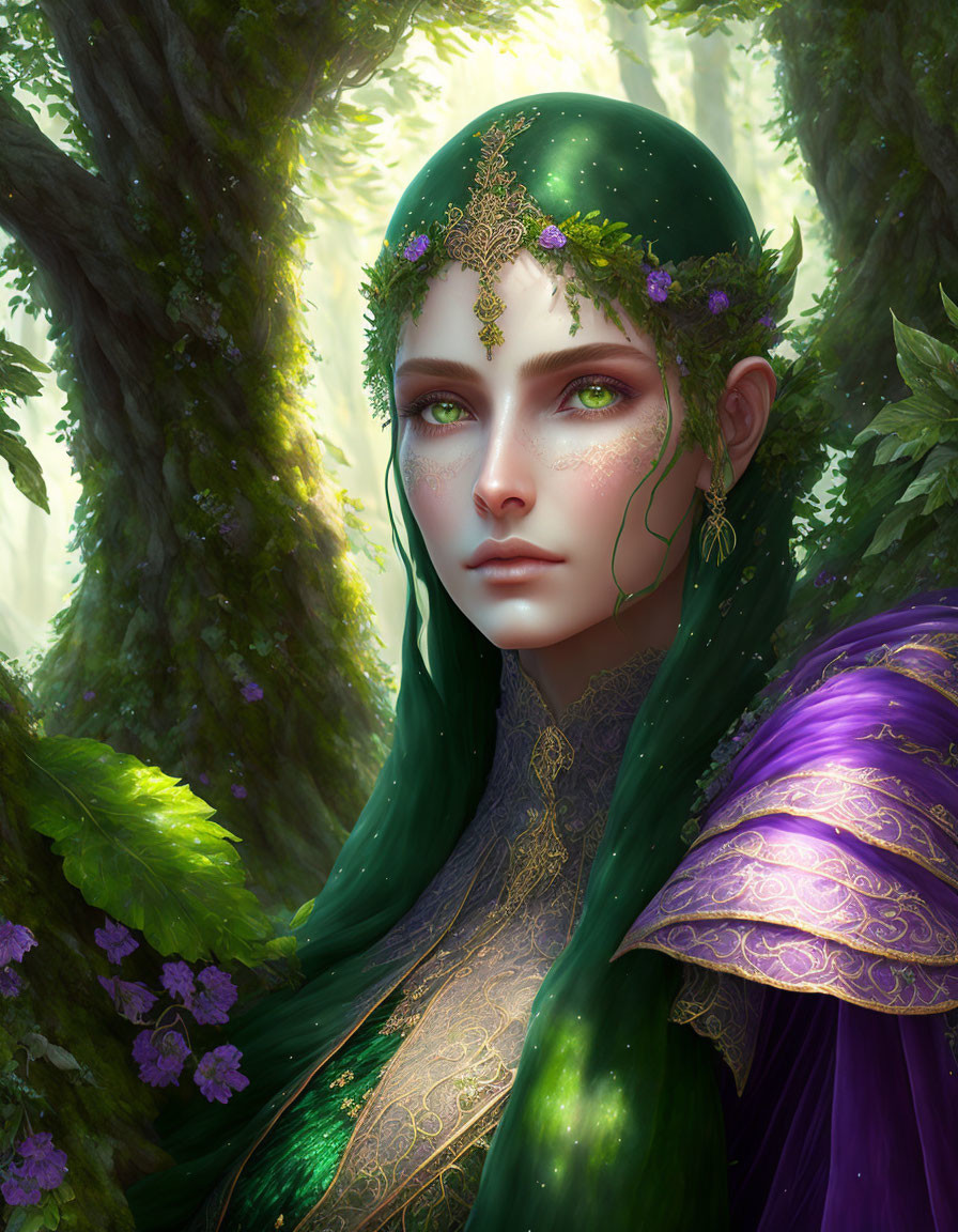 Ethereal female figure with green hair in hood, gold crown, ivy, enchanted forest.