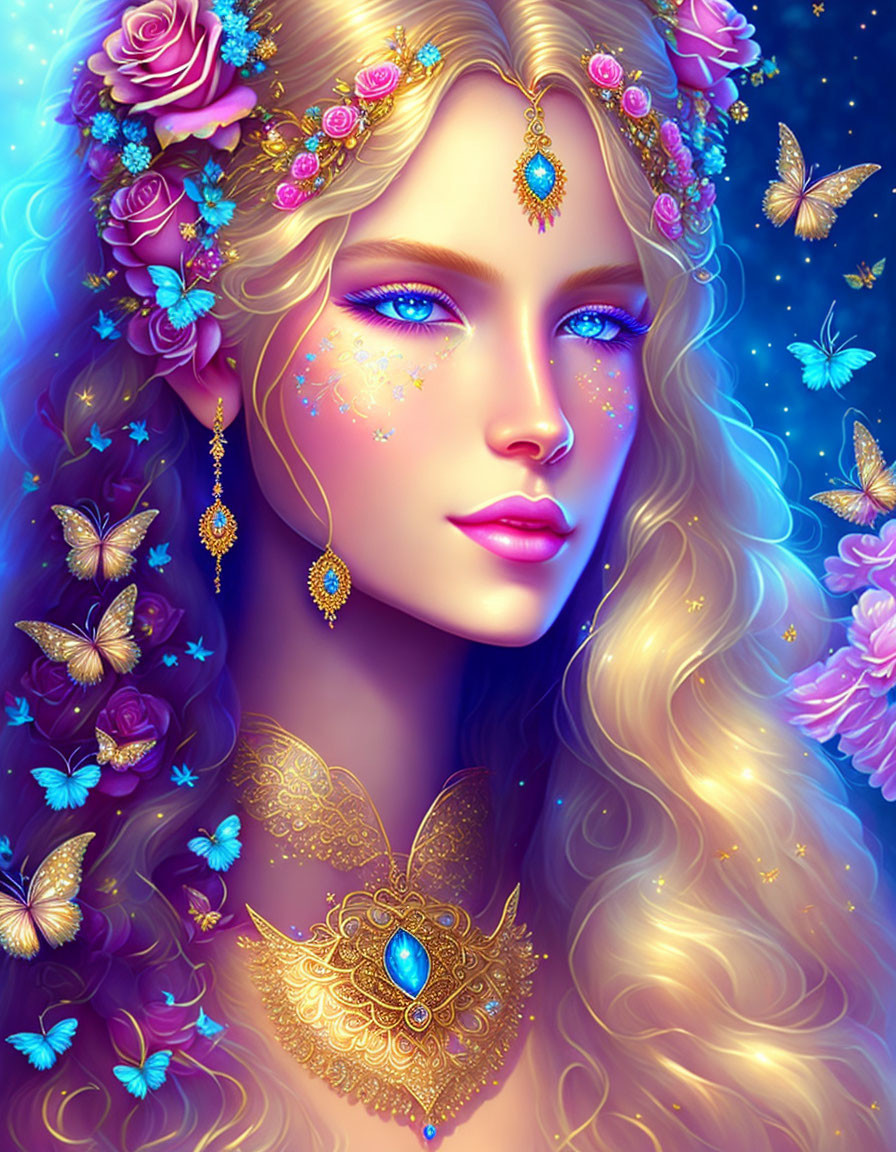 Illustrated woman with golden hair, pink blossoms, butterflies, gold jewelry, blue eyes.