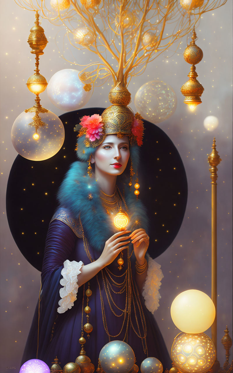 Opulent woman in floral headdress with cosmic backdrop