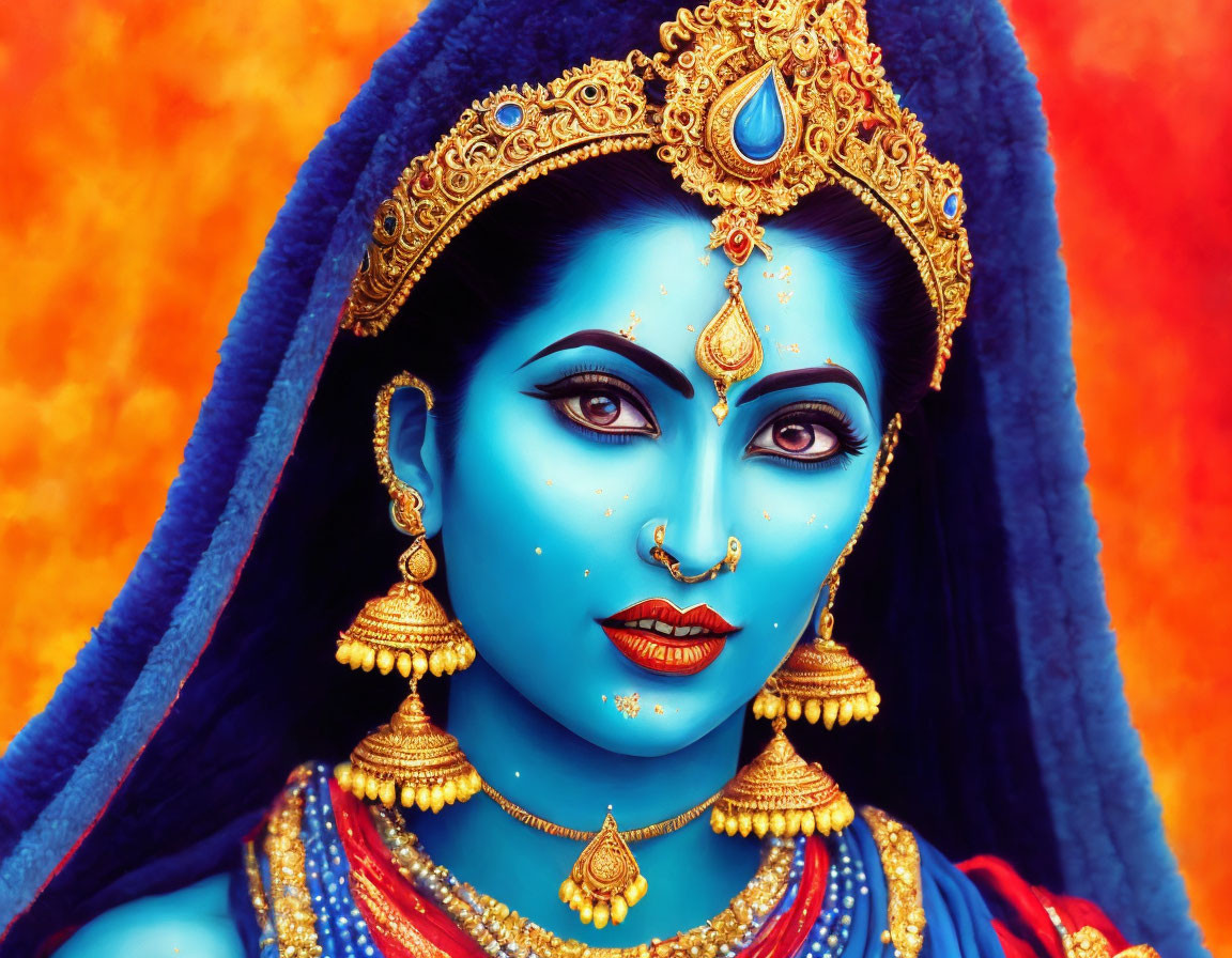 Blue-skinned individual in traditional Indian attire and jewelry symbolizing Hindu deity.