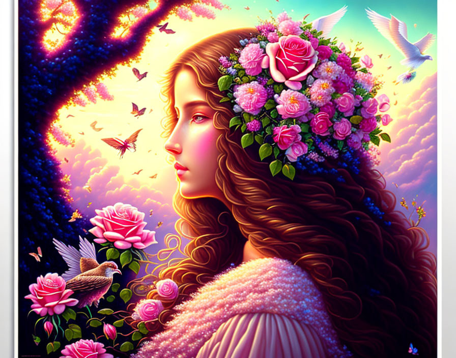 Illustration of woman with floral crown, roses, birds, and glowing lights in colorful setting