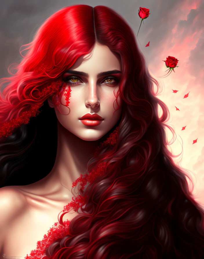 Vibrant red-haired woman in red dress with rose accents on moody background