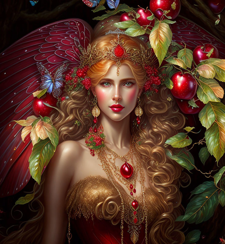 Fantasy illustration of woman with red jeweled tiara, earrings, necklace, curly hair, surrounded