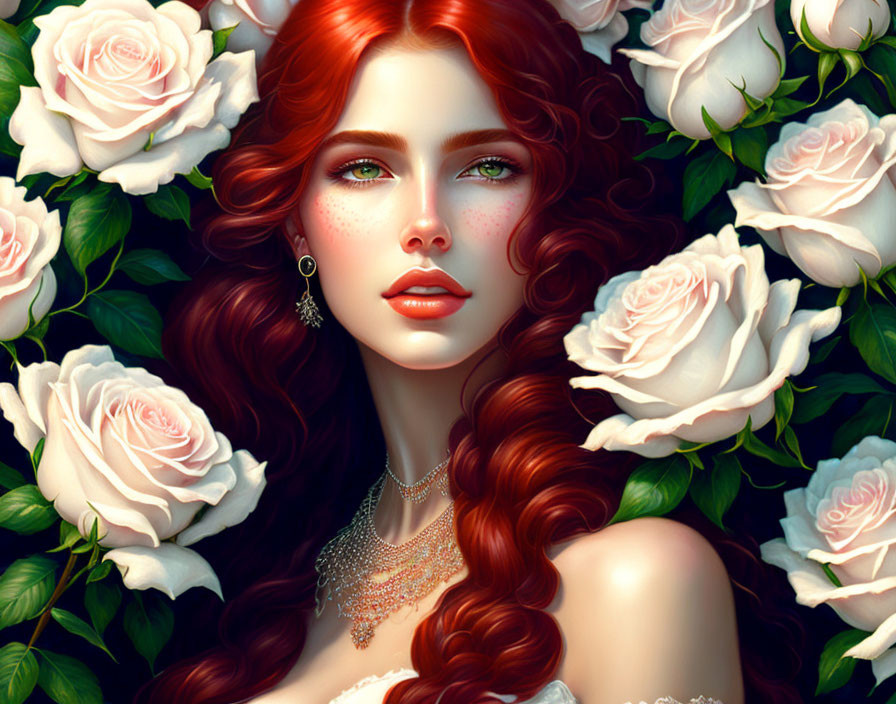 Digital artwork: Woman with red hair and green eyes, white roses, detailed facial features, intricate jewelry