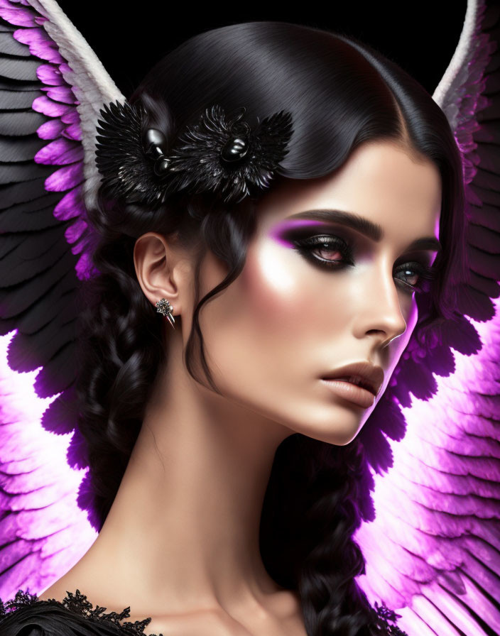 Dark-haired woman with floral hair accents, purple eyeshadow, and angel wings on dark backdrop