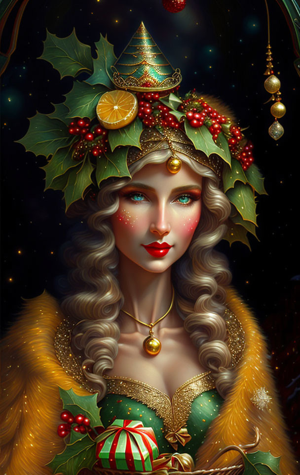 Blond Woman with Festive Holly Crown and Christmas Tree