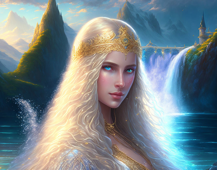 Fantasy Illustration: Regal Woman with Blonde Hair and Golden Crown in Mountain Castle Sunset Scene