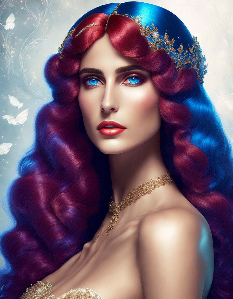 Portrait of woman with blue and red wavy hair, blue eyes, golden crown, and butterflies on